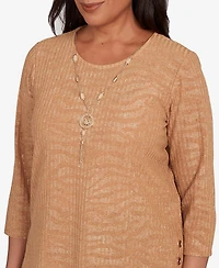 Alfred Dunner Women's Mount Laurel Shimmer Animal Jacquard Top with Necklace