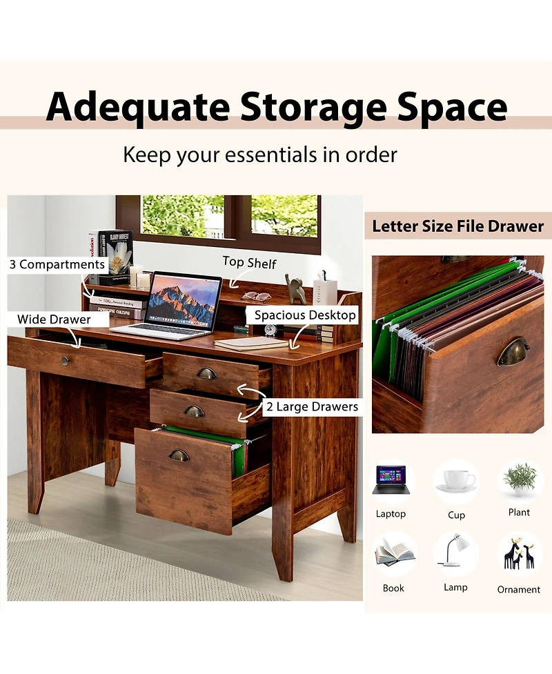 Mecale Vintage Computer Desk with Storage Shelves and 4 Drawers