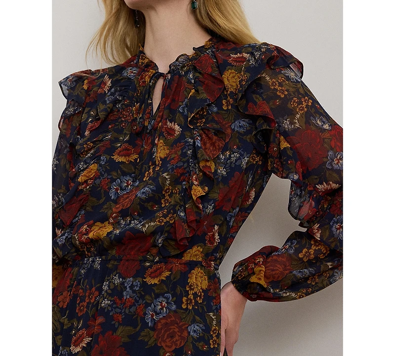 Lauren Ralph Women's Floral Crinkle Georgette Tiered Dress