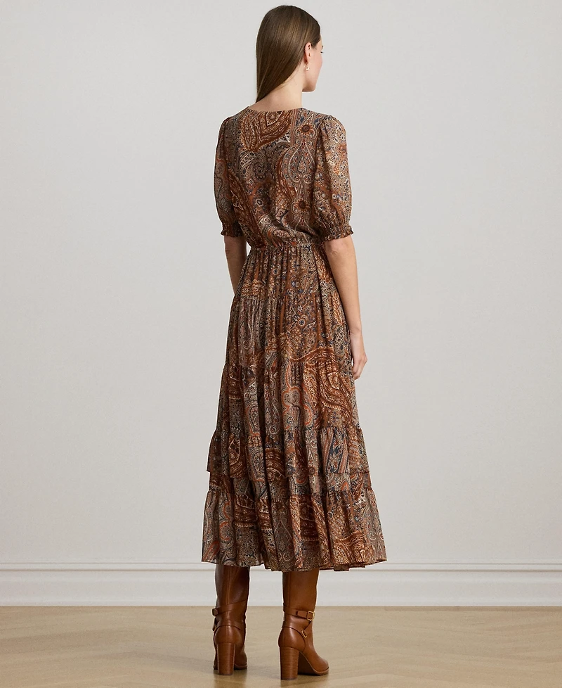 Lauren Ralph Women's Crinkle 58-Jeho Puffed Sleeve Georgette Dress