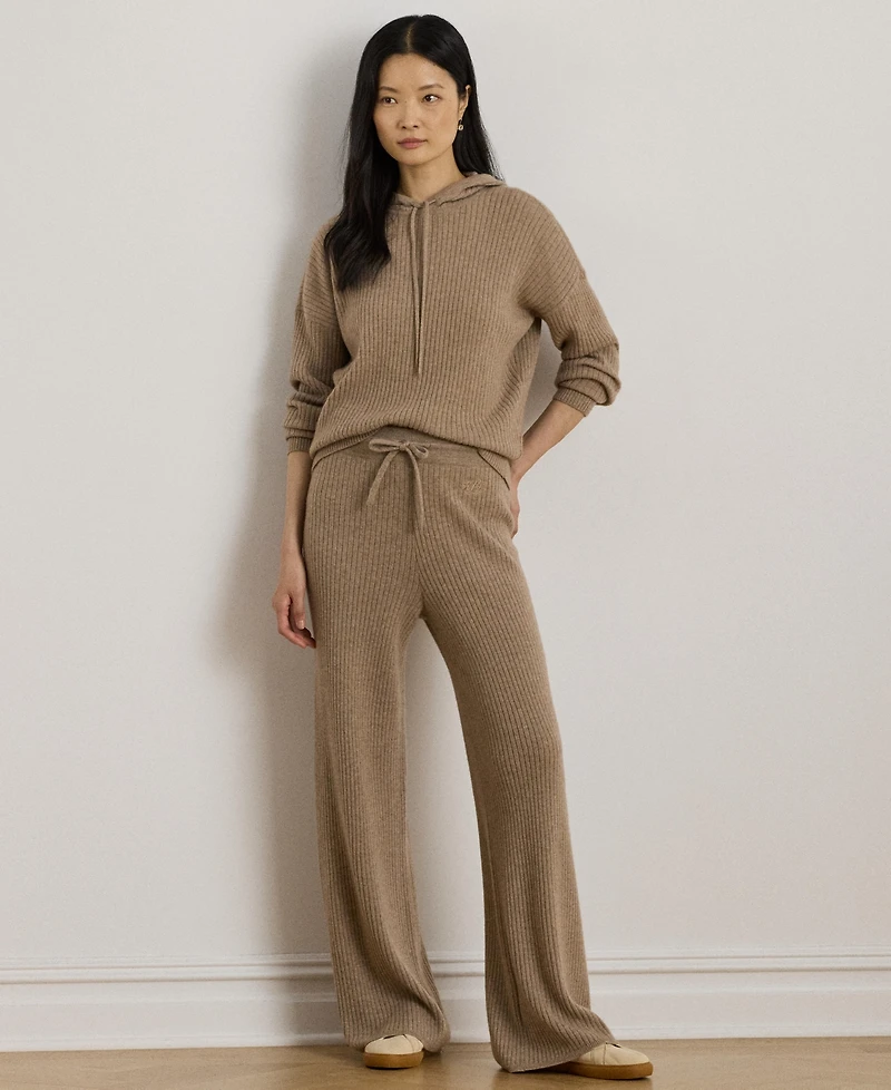 Lauren Ralph Women's Rib-Knit Cashmere Checha Full Length Wide-Leg Pants