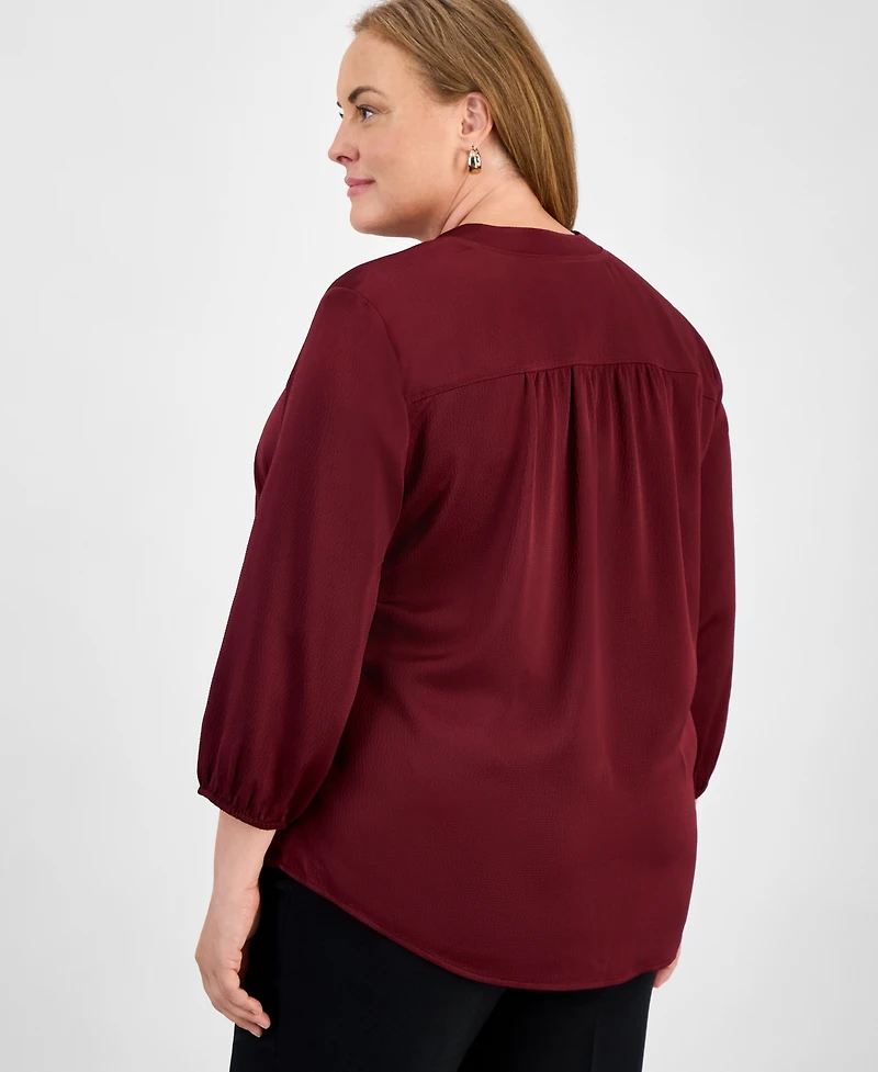 Jones New York Plus Satin 3/4-Puff Sleeve V-Neck Blouse