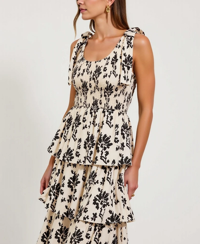 Modenaire Women's Smocked Tiered Bow-Tie Straps Floral Midi Dress