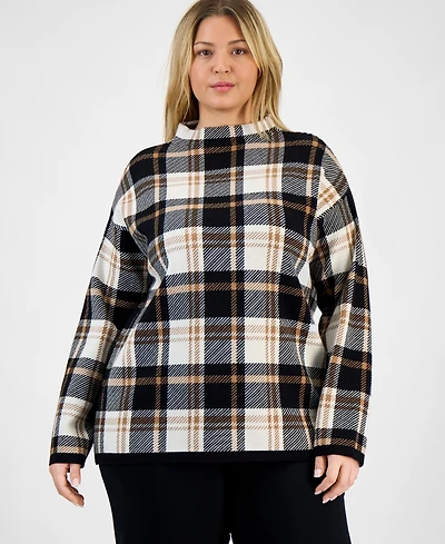 Jones New York Plus Plaid Funnel-Neck Long-Sleeve Top