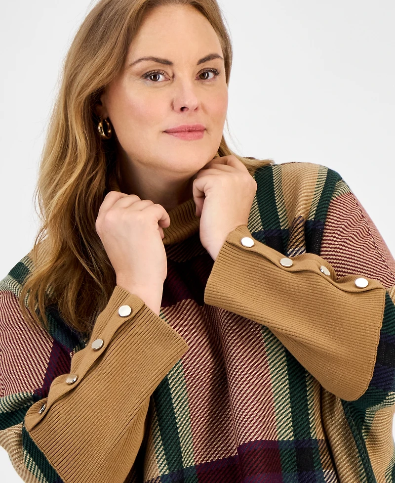 Jones New York Plus Plaid Drop-Shoulder Button-Cuff Sweater