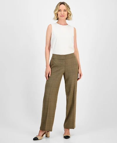 Kasper Plaid Check Mid-Rise Straight-Leg Pants, Regular & Petites