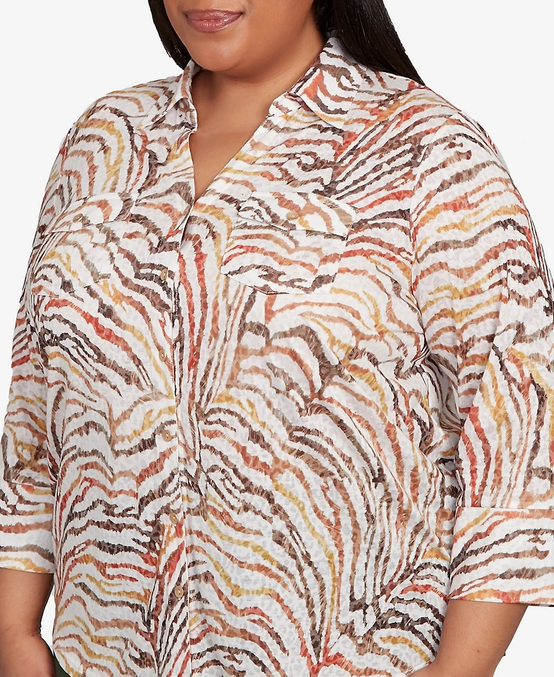 Alfred Dunner Plus Mount Laurel Animal Burnout Button Front Top