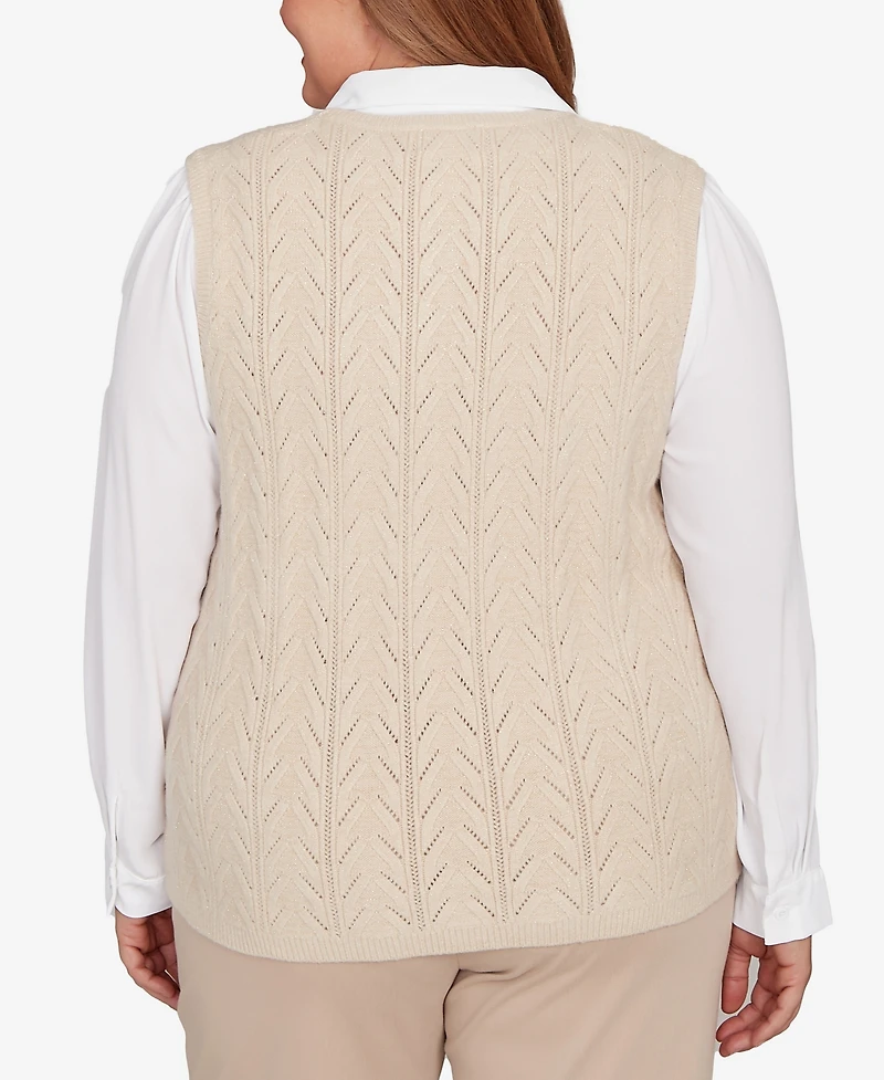 Alfred Dunner Plus Urban Legend Pointelle Texture Two One Sweater with Necklace