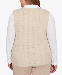 Alfred Dunner Plus Urban Legend Pointelle Texture Two One Sweater with Necklace