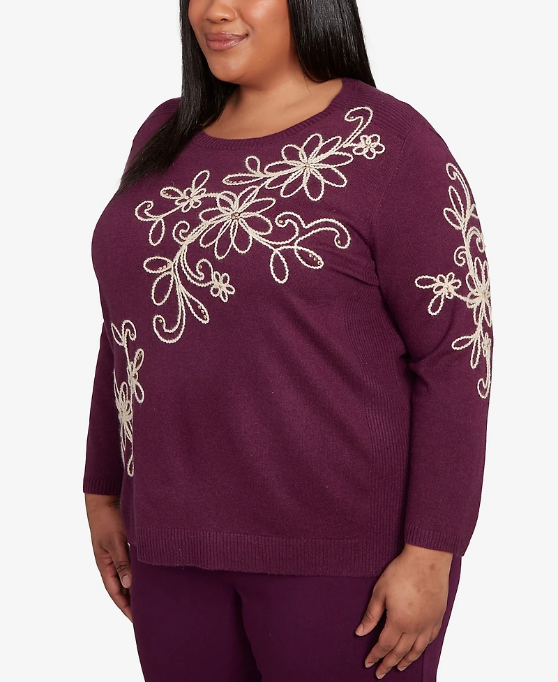 Alfred Dunner Plus Urban Legend Diagonal Floral Embroidered Sweater