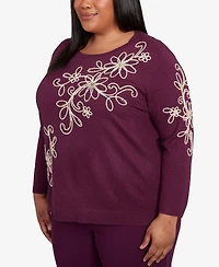 Alfred Dunner Plus Urban Legend Diagonal Floral Embroidered Sweater