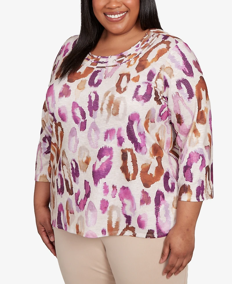 Alfred Dunner Plus Urban Legend Dramatic Animal Three Quarter Sleeve Top