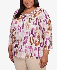 Alfred Dunner Plus Urban Legend Dramatic Animal Three Quarter Sleeve Top