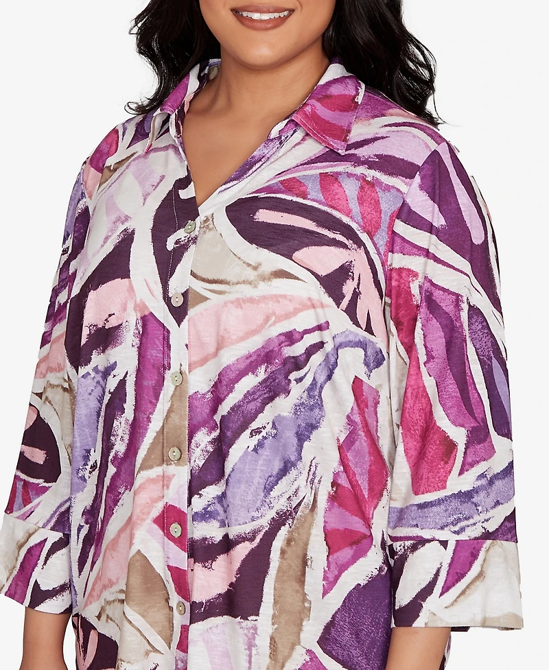Alfred Dunner Plus Urban Legend Abstract Floral Button Front Top