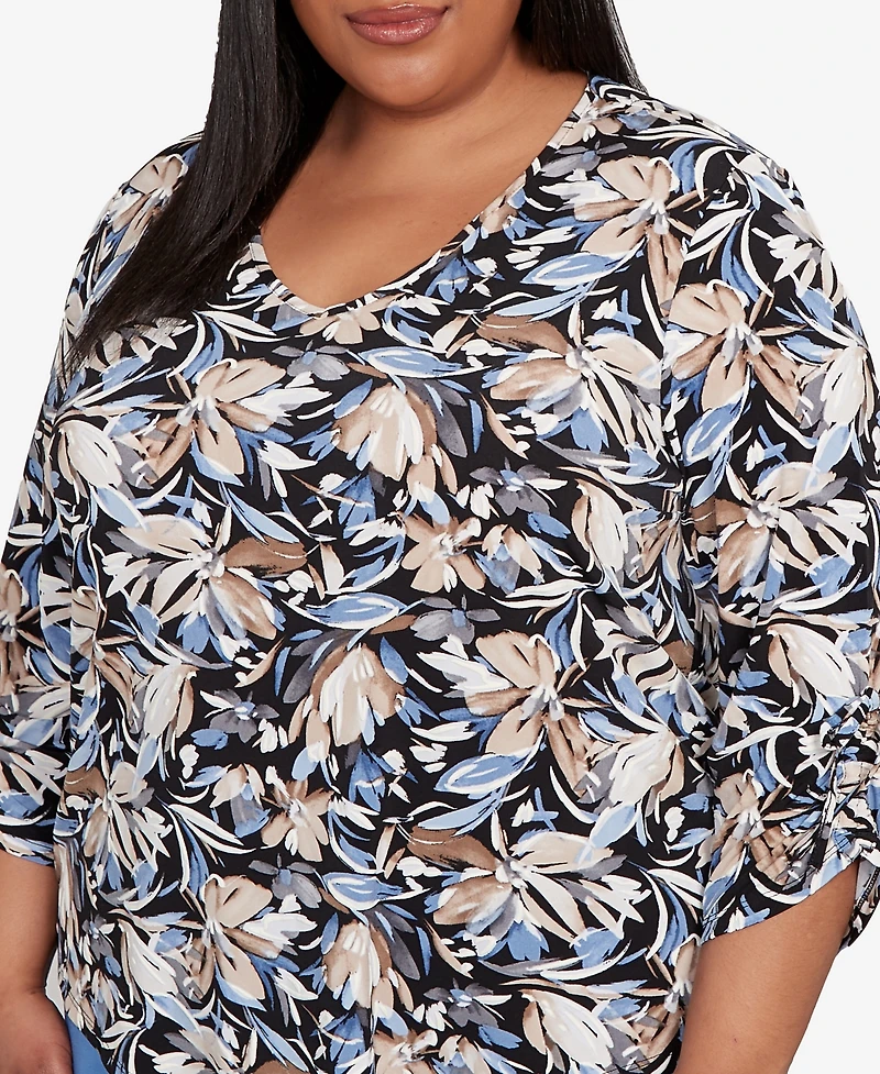 Alfred Dunner Plus As Usual Tie Sleeve Brushstroke Floral Knit Top
