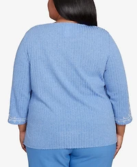 Alfred Dunner Plus As Usual Medallion Bordered Periwinkle Pull On Top with Necklace