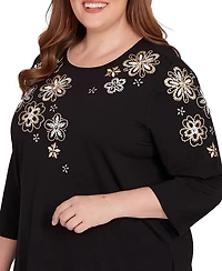 Alfred Dunner Plus As Usual Gold Floral Embroidered Three Quarter Sleeve Top