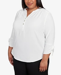 Alfred Dunner Plus As Usual Tie Sleeve Crinkle Textured Henley Top