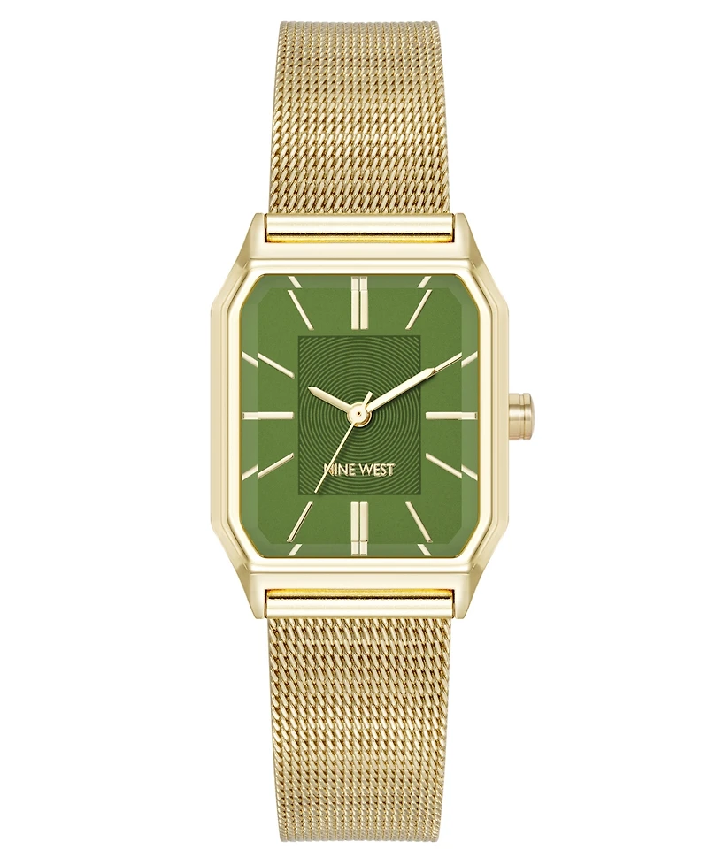 Nine West Women's Quartz Faceted Olive and Gold-Tone Stainless Steel Mesh Watch, 26mm