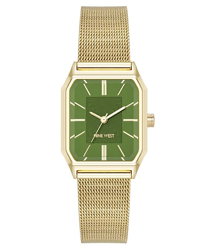 Nine West Women's Quartz Faceted Olive and Gold-Tone Stainless Steel Mesh Watch, 26mm