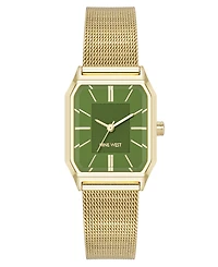 Nine West Women's Quartz Faceted Olive and Gold-Tone Stainless Steel Mesh Watch, 26mm