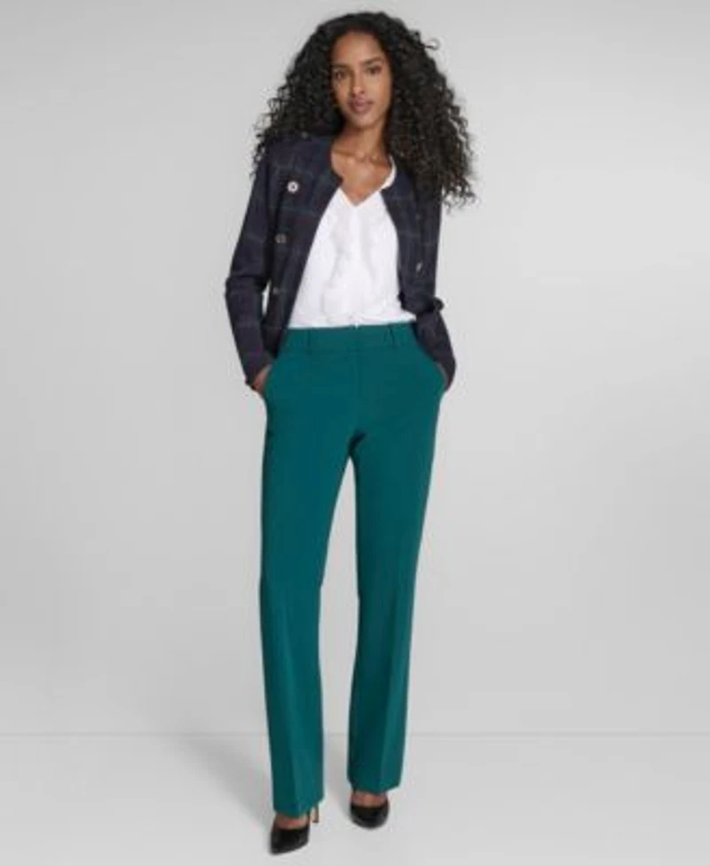 Tommy Hilfiger Womens Windowpane Open Front Band Jacket Ruffled Mixed Media Top Solid Sutton Bootcut Trousers
