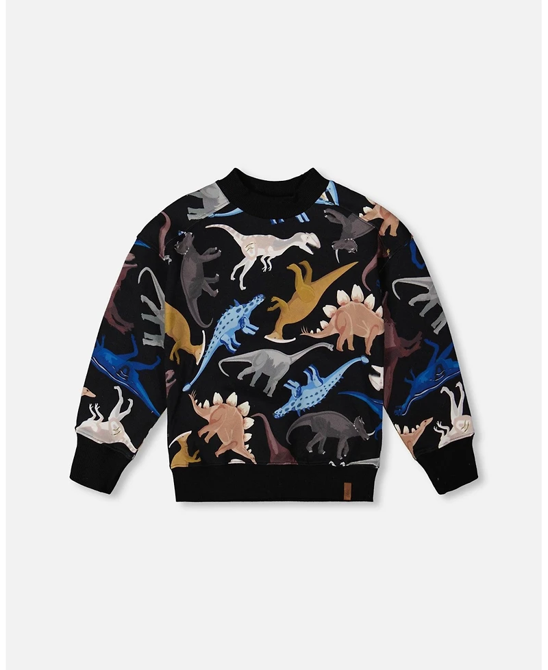 Deux par Boy Pullover Fleece Sweatshirt Black Dinosaur Print - Child