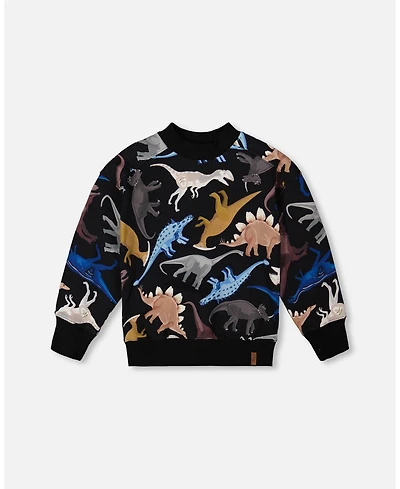 Deux par Boy Pullover Fleece Sweatshirt Black Dinosaur Print - Child