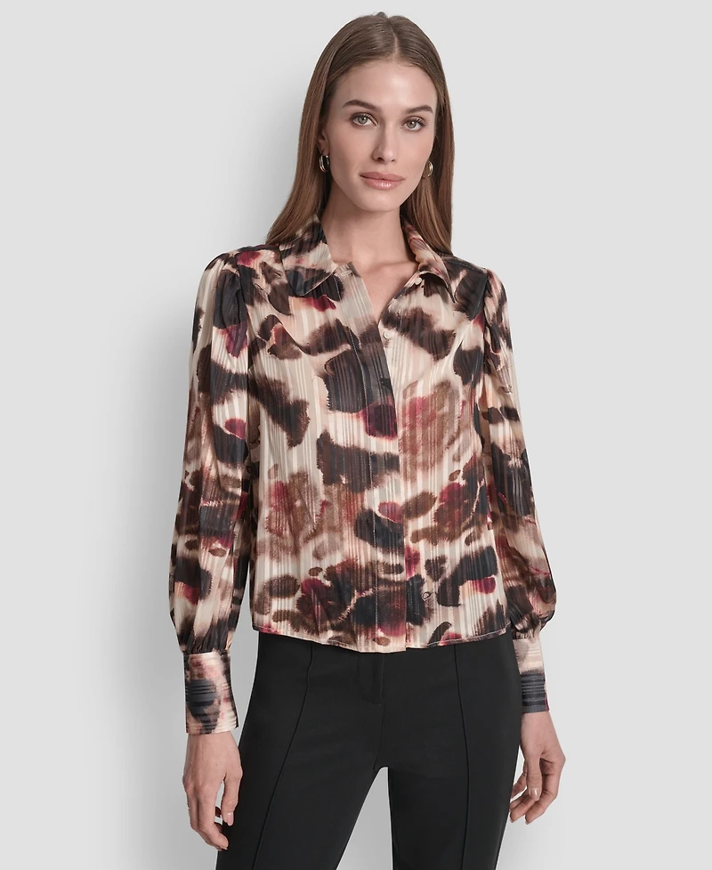 Dkny Women's Covered Placket Long Balloon Sleeve Woven Blouse