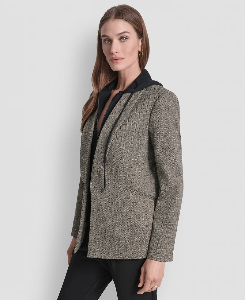 Dkny Women's Herringbone Pattern Blazer with Fleece Hoodie