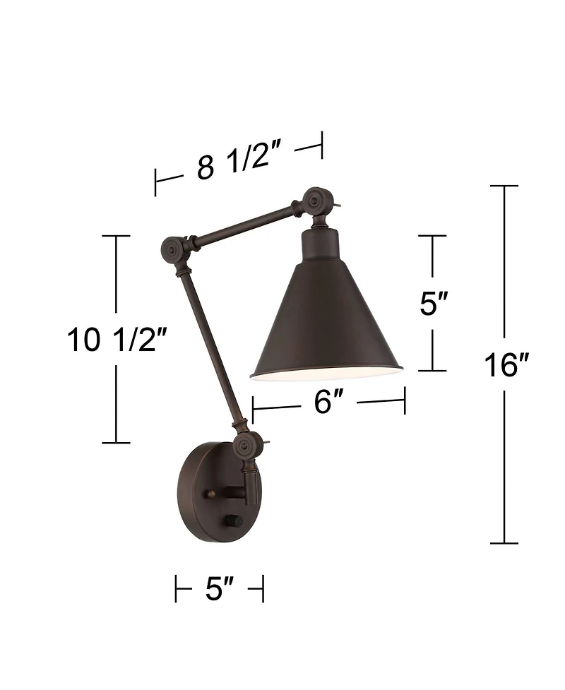 360 Lighting Wray Modern Industrial Swing Arm Wall Lamps Set of 2 Dark Bronze Plug-in 6" Light Fixture Up Down for Bedroom Reading Living Room Ha