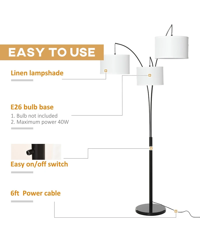 Homcom Arc Floor Lamp w/3 Hanging Drum Shape Lampshade, and Flexible Steel Pole