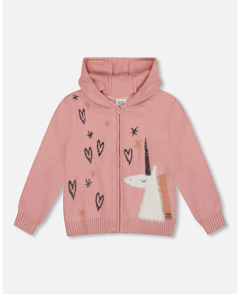 Deux par Toddler Girls Hooded Knit Cardigan Dusty Pink with Unicorn Intarsia - Toddler|Child