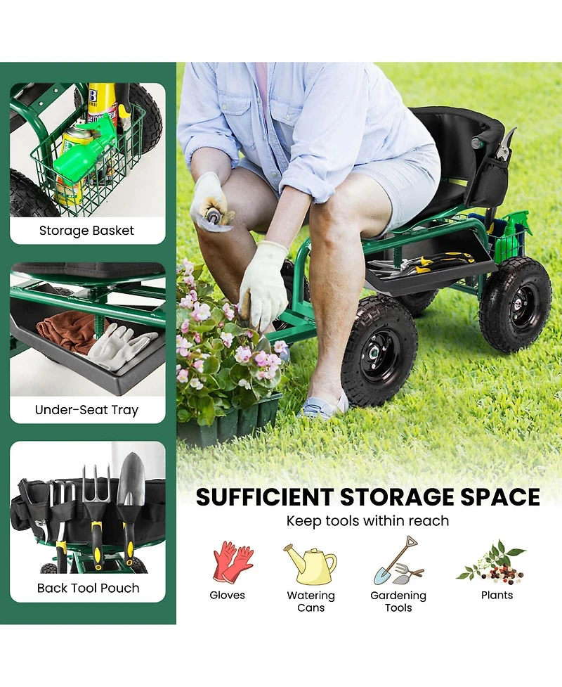 Costway Rolling Garden Cart Height Adjustable Scooter with Swivel Seat & Tool Storage