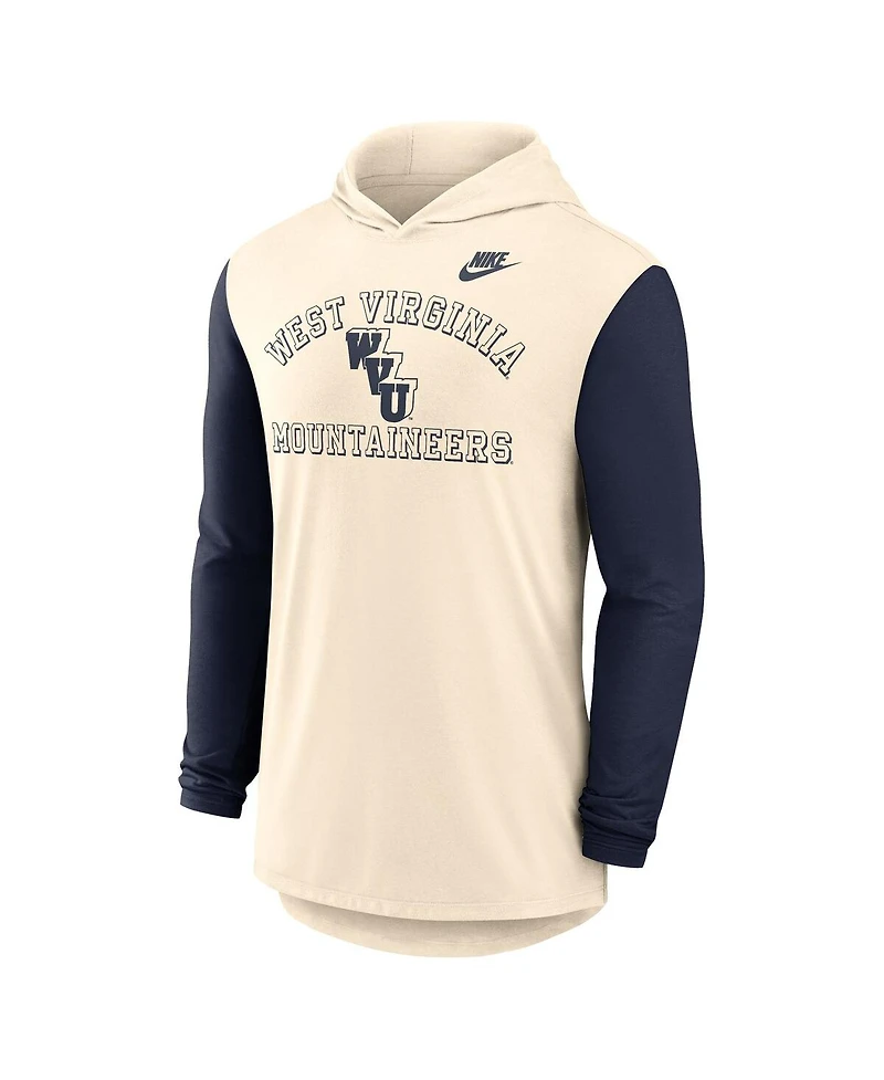 Nike Men's Natural/Navy West Virginia Mountaineers Legacy Color-Block Tri-Blend Performance Long Sleeve Hoodie T-Shirt