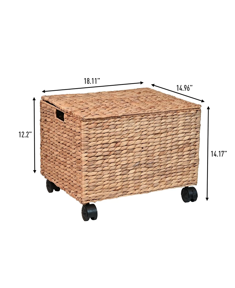 Happimess Ashton 18.11" Classic Farmhouse Hand-Woven Hyacinth Rolling Filing Basket with Lid and 360 Degree Lockable Wheels