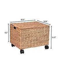 Happimess Ashton 18.11" Classic Farmhouse Hand-Woven Hyacinth Rolling Filing Basket with Lid and 360 Degree Lockable Wheels