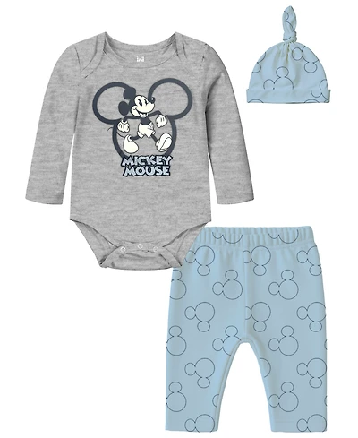 Disney Baby Boys 3-Piece Mickey Mouse Bodysuit, Pants and Hat Set