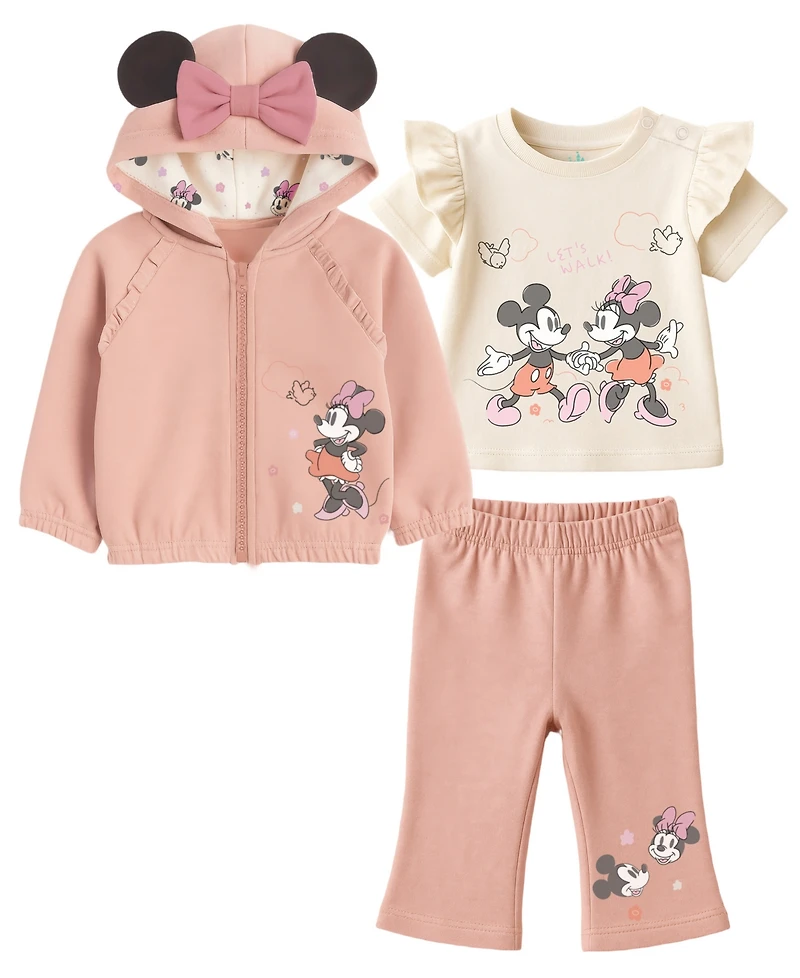 Disney Baby Girls 3-Piece Minnie Mouse Hoodie, Long Sleeve T-Shirt and Pant Set