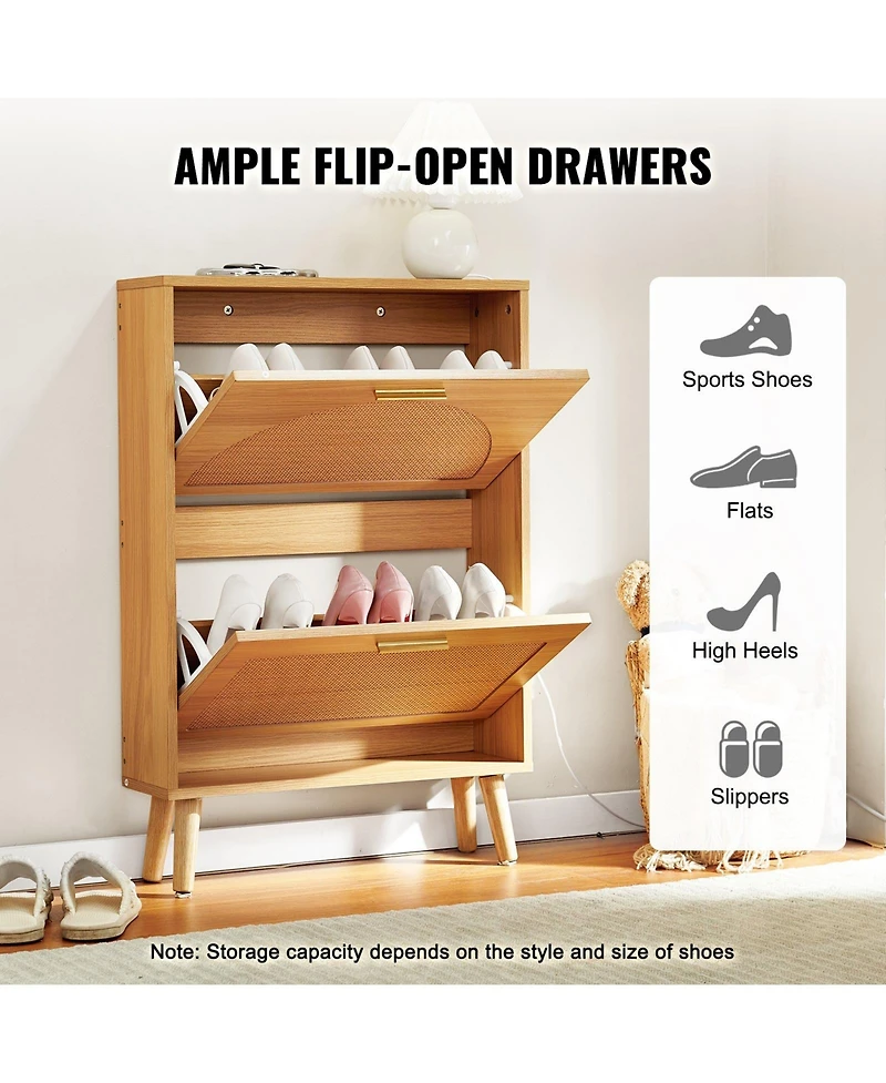 Slickblue Shoe Cabinet with 2 Flip Drawers and Rattan Doors, Freestanding Entryway Organizer