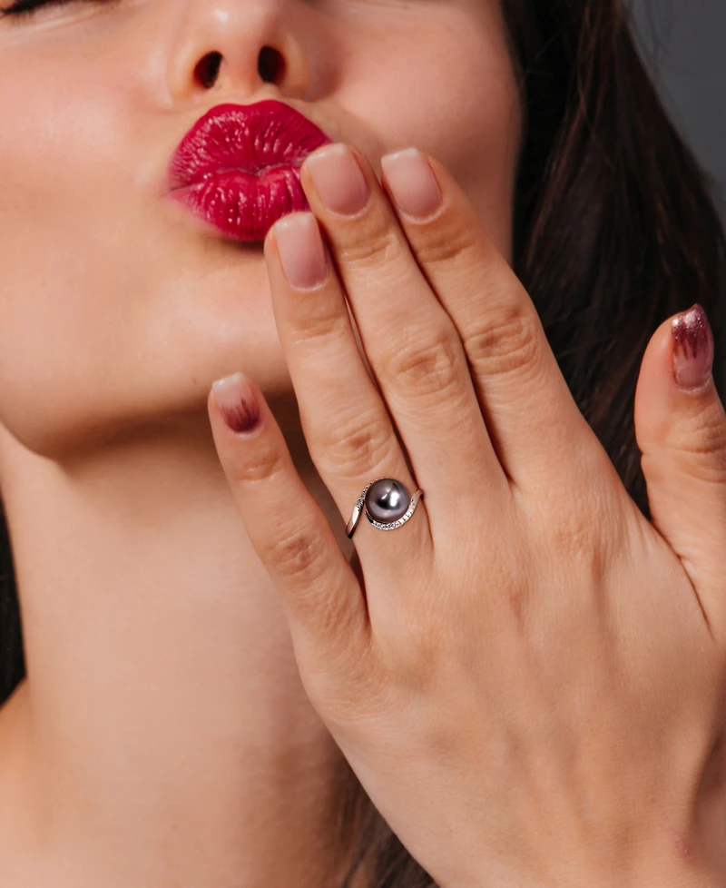 Cultured Black Tahitian Pearl (9mm) & Diamond (1/10 ct. t.w.) Swirl Ring Sterling Silver