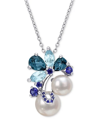 Cultured Freshwater Pearl (7 & 8-1/2mm), Blue Topaz (2-1/3 ct. t.w.) & Sapphire (3/8 ct. t.w.) Cluster 18" Pendant Necklace in Sterling Silver