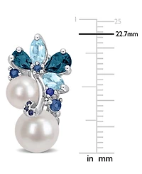 Cultured Freshwater Pearl (6 & 8mm), Blue Topaz (2-1/2 ct. t.w.) & Sapphire (3/8 ct. t.w.) Cluster Stud Earrings in Sterling Silver