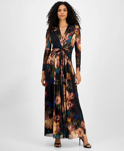 Anne Klein Women's Printed Twist-Front Long-Sleeve Maxi Dress