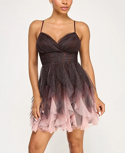 pear culture Junior's Sweetheart-Neck Ombre Mesh Fit & Flare Dress
