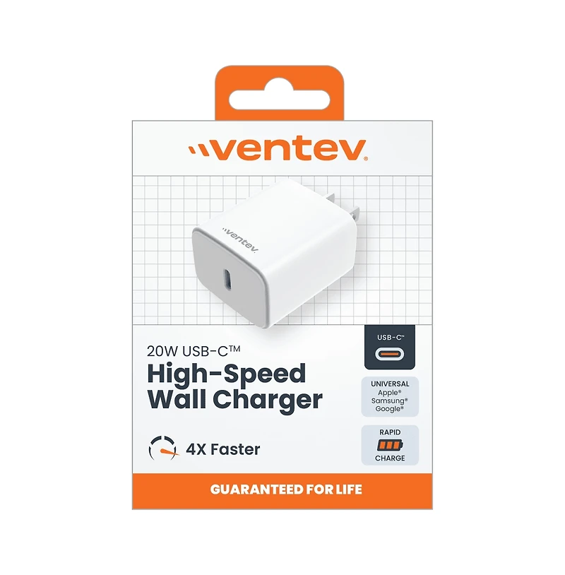 Ventev 20W Ultrafast Usb C Universal Wall Charger with Usb C to Apple Lightning Cable-White