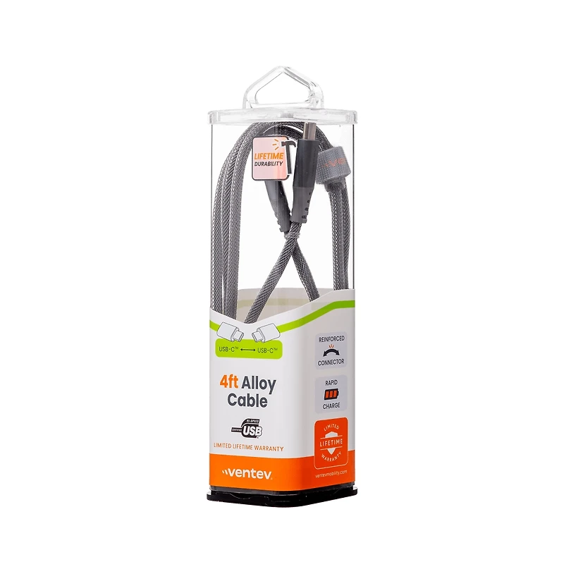 Ventev Alloy Usb C to Usb C High Speed Ultradurable Foot Cable-Silver