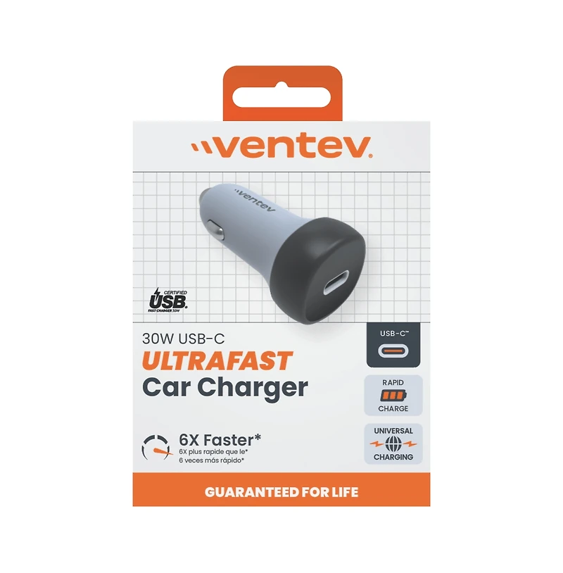 Ventev 30W Ultrafast Usb C Universal Car Charger-Gray