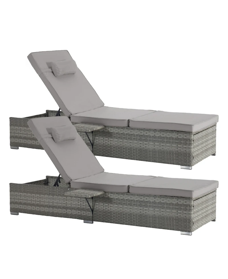 Outdoor Chaise Lounge Chair Set of 2 with Patio Pool Chairs Tanning Lounges for Outside,Beach Rattan Recliners with Adjustable Backrest, Table, Cushio