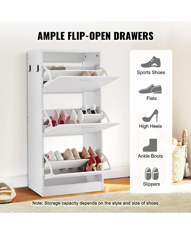 Slickblue Shoe Cabinet with 3 Flip Drawers and Side Hooks, Freestanding Entryway Organizer